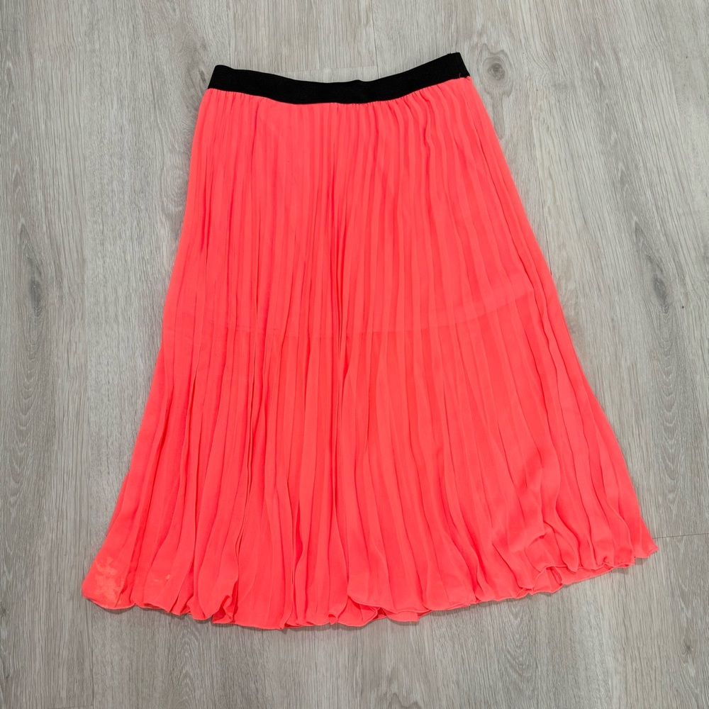 h&m divided neon orange long pleated midi skirt.